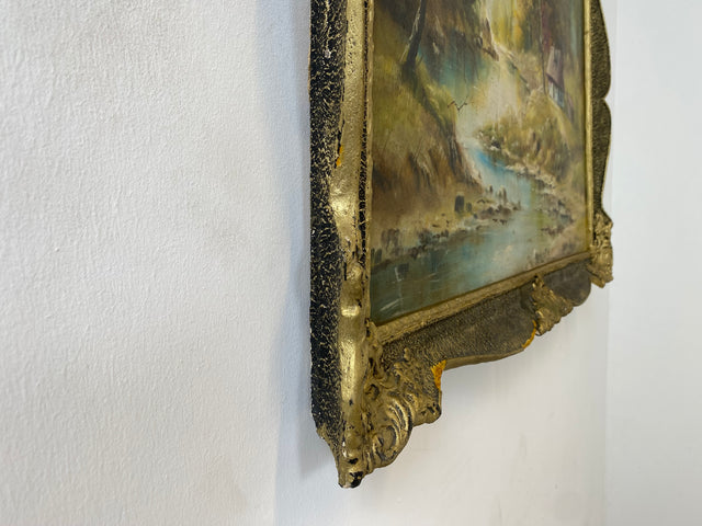 WMK Freundliches & sehr gut gemaltes Öl auf Leinwand Landschaftsgemälde, 111x80cm, signiert mit PR98, in gut erhaltenem Stuckrahmen in Gold # Bild Gemälde Wandgemälde Ölgemälde Goldrahmen Vintage