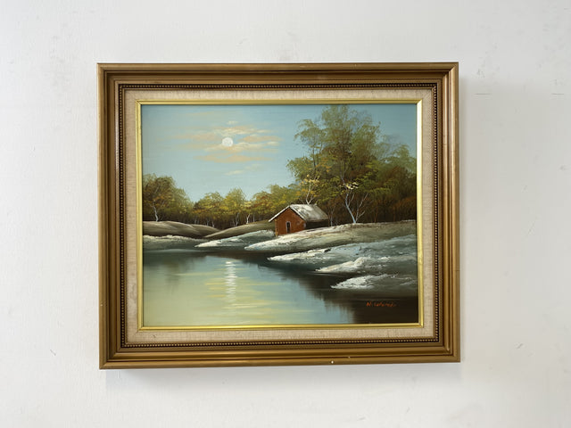 WMK Friedliches & gut erhaltenes schwedisches Öl auf Leinwand Gemälde, 63x53cm, signiert jedoch nicht zuzuordnen, Holzrahmen in Gold # Bild Wandgemälde Ölgemälde Schneelandschaft Goldrahmen Vintage