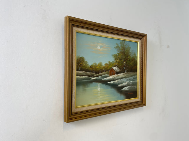 WMK Friedliches & gut erhaltenes schwedisches Öl auf Leinwand Gemälde, 63x53cm, signiert jedoch nicht zuzuordnen, Holzrahmen in Gold # Bild Wandgemälde Ölgemälde Schneelandschaft Goldrahmen Vintage