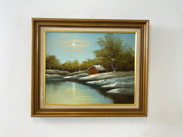 WMK Friedliches & gut erhaltenes schwedisches Öl auf Leinwand Gemälde, 63x53cm, signiert jedoch nicht zuzuordnen, Holzrahmen in Gold # Bild Wandgemälde Ölgemälde Schneelandschaft Goldrahmen Vintage