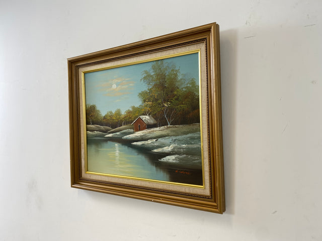 WMK Friedliches & gut erhaltenes schwedisches Öl auf Leinwand Gemälde, 63x53cm, signiert jedoch nicht zuzuordnen, Holzrahmen in Gold # Bild Wandgemälde Ölgemälde Schneelandschaft Goldrahmen Vintage