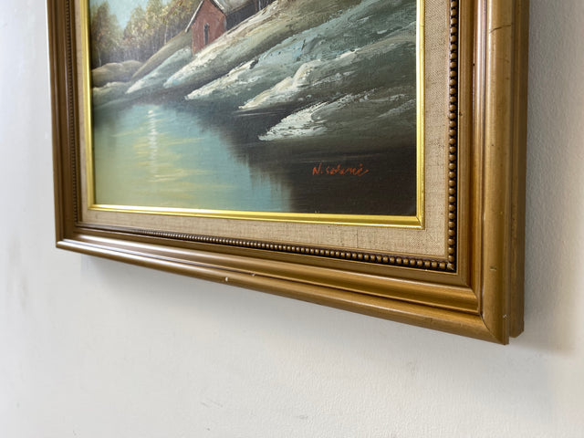 WMK Friedliches & gut erhaltenes schwedisches Öl auf Leinwand Gemälde, 63x53cm, signiert jedoch nicht zuzuordnen, Holzrahmen in Gold # Bild Wandgemälde Ölgemälde Schneelandschaft Goldrahmen Vintage