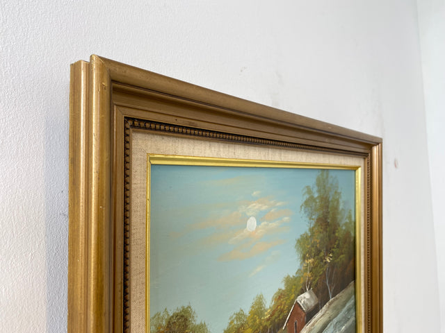 WMK Friedliches & gut erhaltenes schwedisches Öl auf Leinwand Gemälde, 63x53cm, signiert jedoch nicht zuzuordnen, Holzrahmen in Gold # Bild Wandgemälde Ölgemälde Schneelandschaft Goldrahmen Vintage
