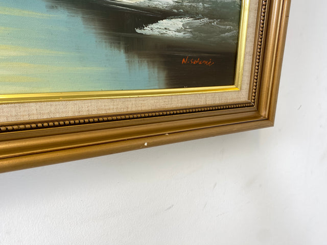 WMK Friedliches & gut erhaltenes schwedisches Öl auf Leinwand Gemälde, 63x53cm, signiert jedoch nicht zuzuordnen, Holzrahmen in Gold # Bild Wandgemälde Ölgemälde Schneelandschaft Goldrahmen Vintage
