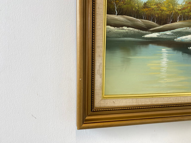 WMK Friedliches & gut erhaltenes schwedisches Öl auf Leinwand Gemälde, 63x53cm, signiert jedoch nicht zuzuordnen, Holzrahmen in Gold # Bild Wandgemälde Ölgemälde Schneelandschaft Goldrahmen Vintage