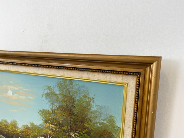 WMK Friedliches & gut erhaltenes schwedisches Öl auf Leinwand Gemälde, 63x53cm, signiert jedoch nicht zuzuordnen, Holzrahmen in Gold # Bild Wandgemälde Ölgemälde Schneelandschaft Goldrahmen Vintage