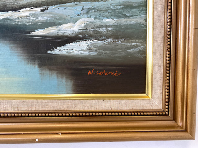 WMK Friedliches & gut erhaltenes schwedisches Öl auf Leinwand Gemälde, 63x53cm, signiert jedoch nicht zuzuordnen, Holzrahmen in Gold # Bild Wandgemälde Ölgemälde Schneelandschaft Goldrahmen Vintage