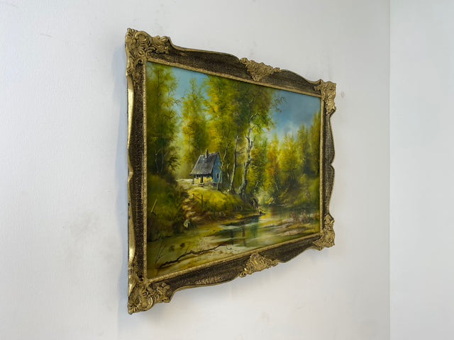 WMK Farbenintensives & sehr gut gemaltes Öl auf Leinwand Landschaftsgemälde, 111x80cm, signiert mit PR98, in gut erhaltenem Stuckrahmen in Gold # Gemälde Bild Wandgemälde Ölgemälde Goldrahmen Vintage