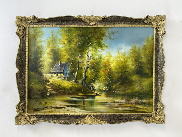 WMK Farbenintensives & sehr gut gemaltes Öl auf Leinwand Landschaftsgemälde, 111x80cm, signiert mit PR98, in gut erhaltenem Stuckrahmen in Gold # Gemälde Bild Wandgemälde Ölgemälde Goldrahmen Vintage