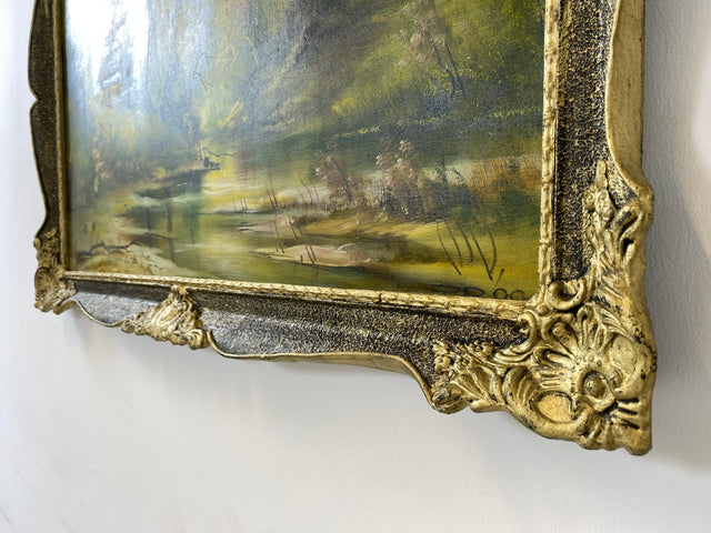 WMK Farbenintensives & sehr gut gemaltes Öl auf Leinwand Landschaftsgemälde, 111x80cm, signiert mit PR98, in gut erhaltenem Stuckrahmen in Gold # Gemälde Bild Wandgemälde Ölgemälde Goldrahmen Vintage