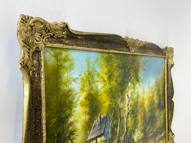 WMK Farbenintensives & sehr gut gemaltes Öl auf Leinwand Landschaftsgemälde, 111x80cm, signiert mit PR98, in gut erhaltenem Stuckrahmen in Gold # Gemälde Bild Wandgemälde Ölgemälde Goldrahmen Vintage
