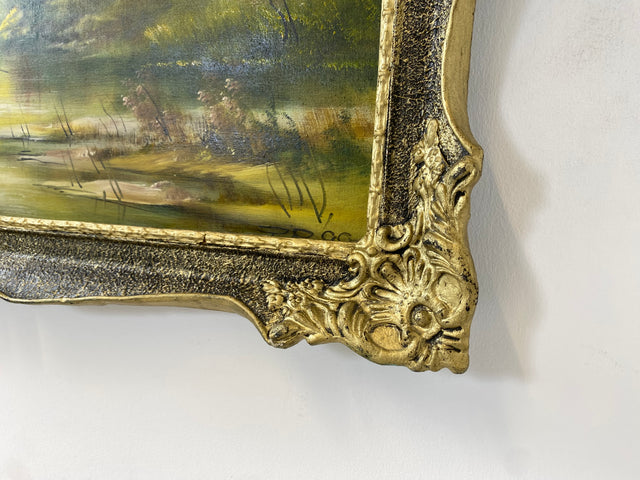 WMK Farbenintensives & sehr gut gemaltes Öl auf Leinwand Landschaftsgemälde, 111x80cm, signiert mit PR98, in gut erhaltenem Stuckrahmen in Gold # Gemälde Bild Wandgemälde Ölgemälde Goldrahmen Vintage