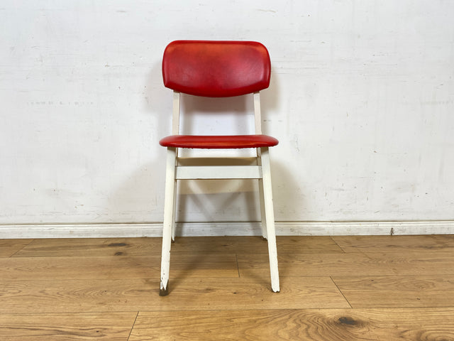 WMK Hübscher und sehr bequemer weißer Retro Küchenstuhl mit roter Kunstleder Polsterung # Stuhl Stühle Esszimmerstühle Lederstuhl Dining Chair Küche Vintage Space Age 60er 70er # Versand möglich