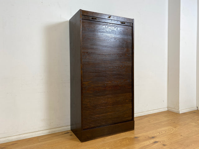 WMK Schöner und gut erhaltener Schreibschrank , Vollholz aus 1950, mit Rollladen , 13 Schubladen & Lampe # Rollladenschrank Rolladenschrank Sekretär Schreibtisch Aktenschrank Schrank Highboard Vintage