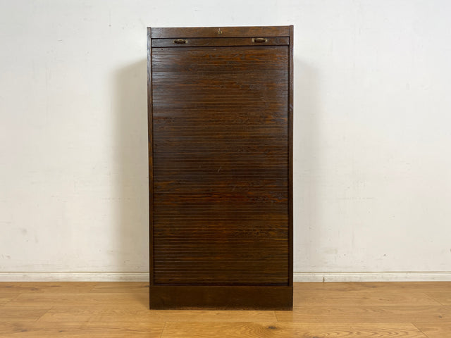 WMK Schöner und gut erhaltener Schreibschrank , Vollholz aus 1950, mit Rollladen , 13 Schubladen & Lampe # Rollladenschrank Rolladenschrank Sekretär Schreibtisch Aktenschrank Schrank Highboard Vintage