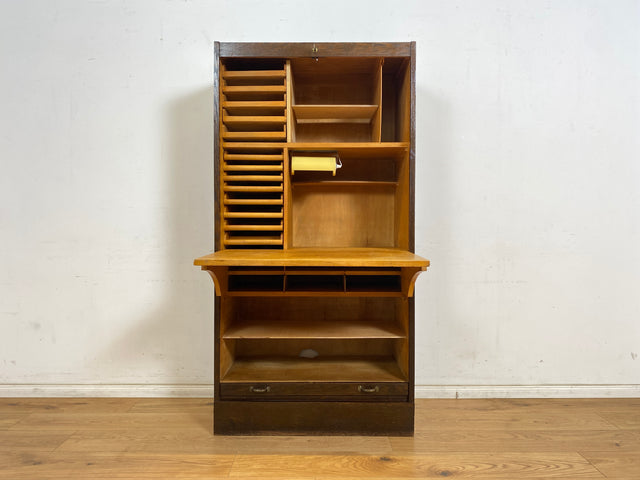 WMK Schöner und gut erhaltener Schreibschrank , Vollholz aus 1950, mit Rollladen , 13 Schubladen & Lampe # Rollladenschrank Rolladenschrank Sekretär Schreibtisch Aktenschrank Schrank Highboard Vintage
