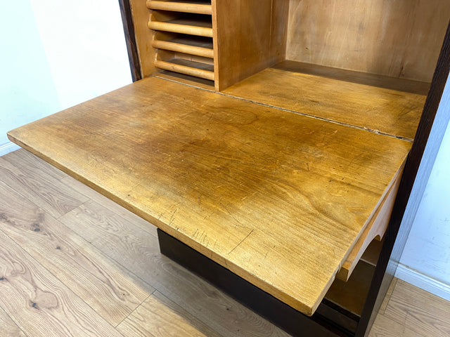 WMK Schöner und gut erhaltener Schreibschrank , Vollholz aus 1950, mit Rollladen , 13 Schubladen & Lampe # Rollladenschrank Rolladenschrank Sekretär Schreibtisch Aktenschrank Schrank Highboard Vintage