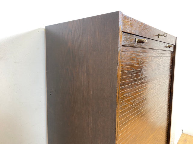 WMK Schöner und gut erhaltener Schreibschrank , Vollholz aus 1950, mit Rollladen , 13 Schubladen & Lampe # Rollladenschrank Rolladenschrank Sekretär Schreibtisch Aktenschrank Schrank Highboard Vintage