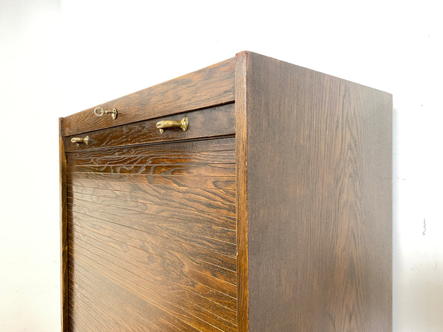 WMK Schöner und gut erhaltener Schreibschrank , Vollholz aus 1950, mit Rollladen , 13 Schubladen & Lampe # Rollladenschrank Rolladenschrank Sekretär Schreibtisch Aktenschrank Schrank Highboard Vintage