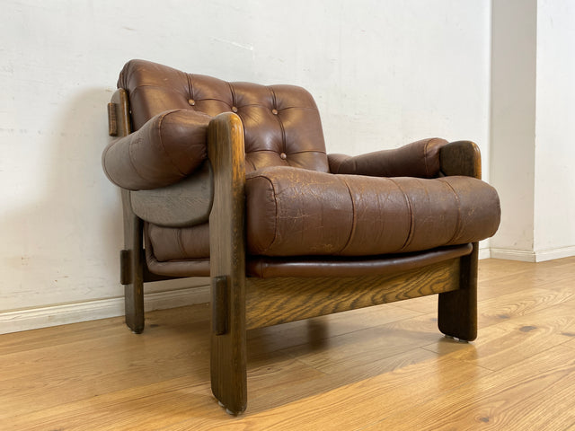 WMK Hochwertiger, äußerst gemütlicher und gut erhaltener skandinavischer Loungesessel mit Eichenholz Rahmen und gestepptem Echtleder Bezug # Sessel Ledersessel Lesesessel Chesterfield 70er Vintage