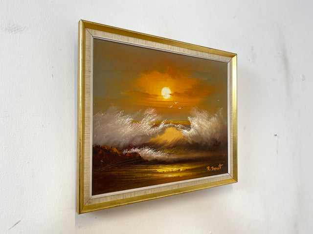 WMK Stimmungsvolles, gut gemaltes & sehr gut erhaltenes 50er Jahre Öl auf Leinwand Gemälde , 46x38cm, signiert, Gold/Weißer Holzrahmen # Bild Wandgemälde Ölgemälde Sonnenuntergang Wandbild Vintage