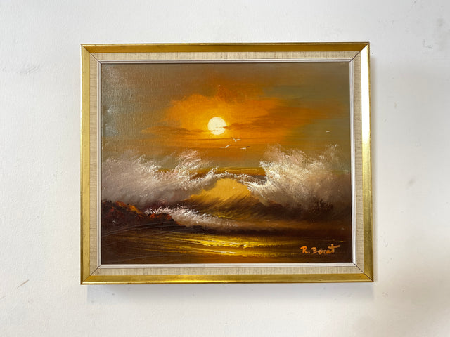 WMK Stimmungsvolles, gut gemaltes & sehr gut erhaltenes 50er Jahre Öl auf Leinwand Gemälde , 46x38cm, signiert, Gold/Weißer Holzrahmen # Bild Wandgemälde Ölgemälde Sonnenuntergang Wandbild Vintage