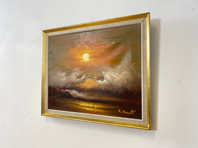 WMK Stimmungsvolles, gut gemaltes & sehr gut erhaltenes 50er Jahre Öl auf Leinwand Gemälde , 46x38cm, signiert, Gold/Weißer Holzrahmen # Bild Wandgemälde Ölgemälde Sonnenuntergang Wandbild Vintage
