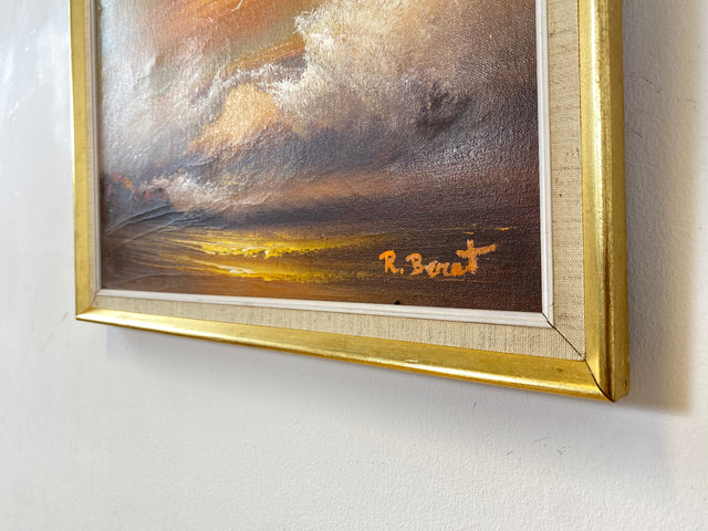 WMK Stimmungsvolles, gut gemaltes & sehr gut erhaltenes 50er Jahre Öl auf Leinwand Gemälde , 46x38cm, signiert, Gold/Weißer Holzrahmen # Bild Wandgemälde Ölgemälde Sonnenuntergang Wandbild Vintage