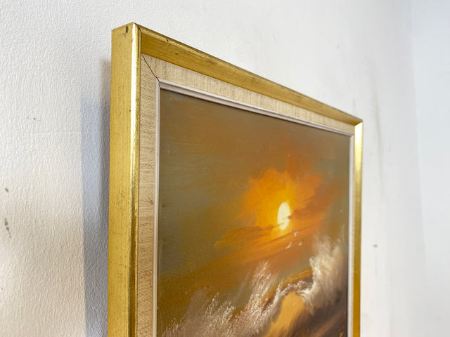 WMK Stimmungsvolles, gut gemaltes & sehr gut erhaltenes 50er Jahre Öl auf Leinwand Gemälde , 46x38cm, signiert, Gold/Weißer Holzrahmen # Bild Wandgemälde Ölgemälde Sonnenuntergang Wandbild Vintage
