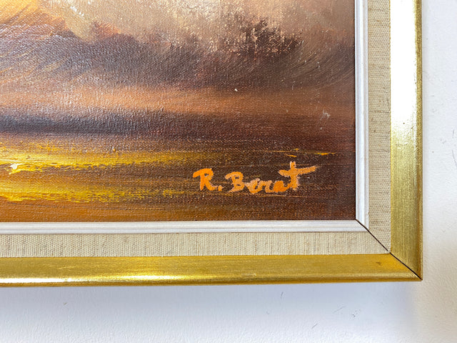 WMK Stimmungsvolles, gut gemaltes & sehr gut erhaltenes 50er Jahre Öl auf Leinwand Gemälde , 46x38cm, signiert, Gold/Weißer Holzrahmen # Bild Wandgemälde Ölgemälde Sonnenuntergang Wandbild Vintage