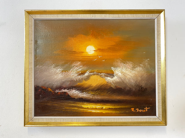 WMK Stimmungsvolles, gut gemaltes & sehr gut erhaltenes 50er Jahre Öl auf Leinwand Gemälde , 46x38cm, signiert, Gold/Weißer Holzrahmen # Bild Wandgemälde Ölgemälde Sonnenuntergang Wandbild Vintage