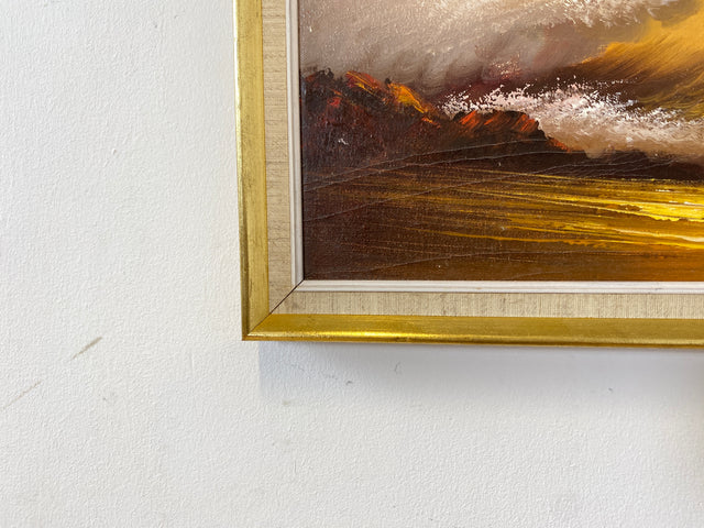 WMK Stimmungsvolles, gut gemaltes & sehr gut erhaltenes 50er Jahre Öl auf Leinwand Gemälde , 46x38cm, signiert, Gold/Weißer Holzrahmen # Bild Wandgemälde Ölgemälde Sonnenuntergang Wandbild Vintage