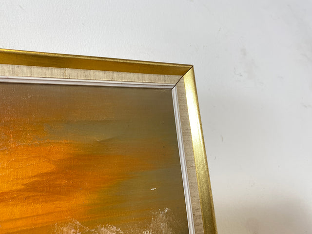 WMK Stimmungsvolles, gut gemaltes & sehr gut erhaltenes 50er Jahre Öl auf Leinwand Gemälde , 46x38cm, signiert, Gold/Weißer Holzrahmen # Bild Wandgemälde Ölgemälde Sonnenuntergang Wandbild Vintage
