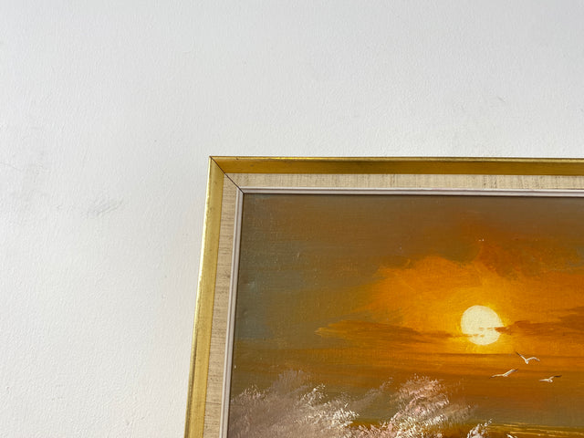 WMK Stimmungsvolles, gut gemaltes & sehr gut erhaltenes 50er Jahre Öl auf Leinwand Gemälde , 46x38cm, signiert, Gold/Weißer Holzrahmen # Bild Wandgemälde Ölgemälde Sonnenuntergang Wandbild Vintage