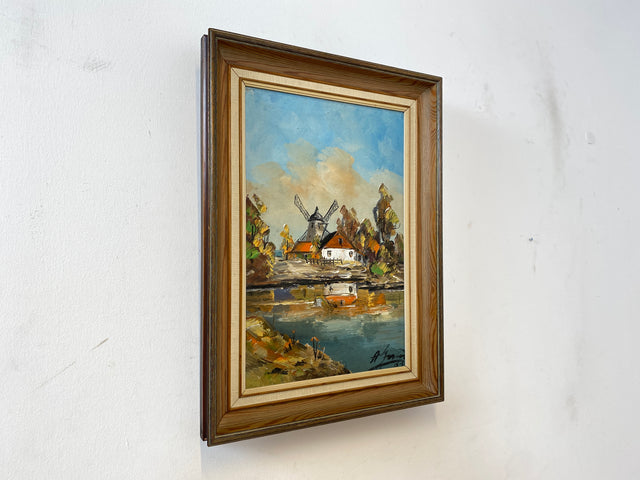 WMK Freundliches, gut gemaltes & sehr gut erhaltenes schwedisches Vintage Öl auf Spannplatte Gemälde , 41x56cm, signiert, Holzrahmen # Bild Wandgemälde Wandbild Ölgemälde Mühle See Natur 50er 60er