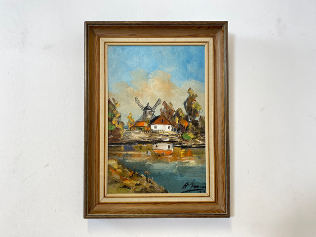 WMK Freundliches, gut gemaltes & sehr gut erhaltenes schwedisches Vintage Öl auf Spannplatte Gemälde , 41x56cm, signiert, Holzrahmen # Bild Wandgemälde Wandbild Ölgemälde Mühle See Natur 50er 60er