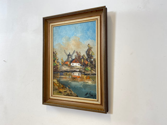 WMK Freundliches, gut gemaltes & sehr gut erhaltenes schwedisches Vintage Öl auf Spannplatte Gemälde , 41x56cm, signiert, Holzrahmen # Bild Wandgemälde Wandbild Ölgemälde Mühle See Natur 50er 60er