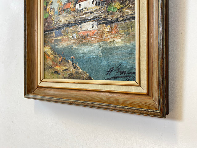 WMK Freundliches, gut gemaltes & sehr gut erhaltenes schwedisches Vintage Öl auf Spannplatte Gemälde , 41x56cm, signiert, Holzrahmen # Bild Wandgemälde Wandbild Ölgemälde Mühle See Natur 50er 60er