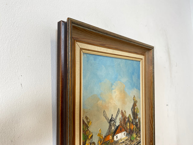WMK Freundliches, gut gemaltes & sehr gut erhaltenes schwedisches Vintage Öl auf Spannplatte Gemälde , 41x56cm, signiert, Holzrahmen # Bild Wandgemälde Wandbild Ölgemälde Mühle See Natur 50er 60er