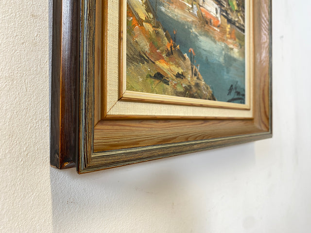 WMK Freundliches, gut gemaltes & sehr gut erhaltenes schwedisches Vintage Öl auf Spannplatte Gemälde , 41x56cm, signiert, Holzrahmen # Bild Wandgemälde Wandbild Ölgemälde Mühle See Natur 50er 60er