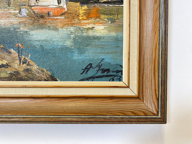 WMK Freundliches, gut gemaltes & sehr gut erhaltenes schwedisches Vintage Öl auf Spannplatte Gemälde , 41x56cm, signiert, Holzrahmen # Bild Wandgemälde Wandbild Ölgemälde Mühle See Natur 50er 60er