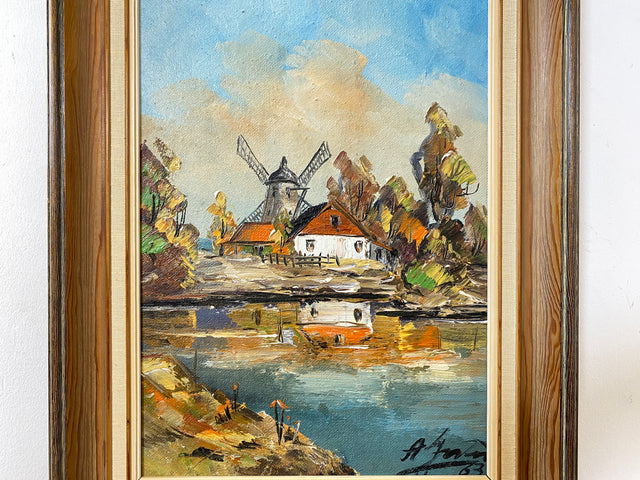 WMK Freundliches, gut gemaltes & sehr gut erhaltenes schwedisches Vintage Öl auf Spannplatte Gemälde , 41x56cm, signiert, Holzrahmen # Bild Wandgemälde Wandbild Ölgemälde Mühle See Natur 50er 60er