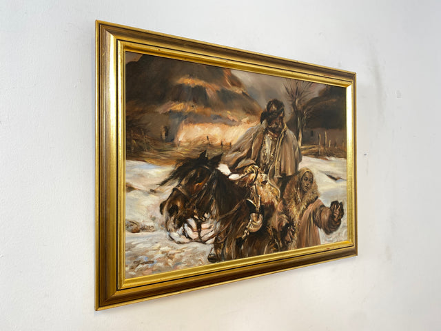 WMK Gut gemalte 83x62 Öl auf Leinwand Replika des berühmten "Verwundeter Kürassier mit einem Mädchen" von Wojciech Adalbert Kossak aus 1970, goldener Holzrahmen # Bild Wandgemälde Wandbild Vintage