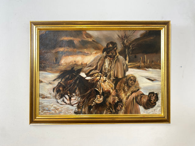 WMK Gut gemalte 83x62 Öl auf Leinwand Replika des berühmten "Verwundeter Kürassier mit einem Mädchen" von Wojciech Adalbert Kossak aus 1970, goldener Holzrahmen # Bild Wandgemälde Wandbild Vintage