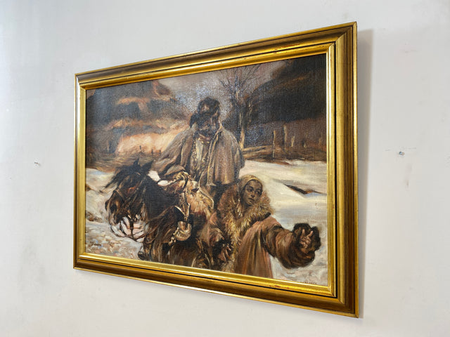 WMK Gut gemalte 83x62 Öl auf Leinwand Replika des berühmten "Verwundeter Kürassier mit einem Mädchen" von Wojciech Adalbert Kossak aus 1970, goldener Holzrahmen # Bild Wandgemälde Wandbild Vintage