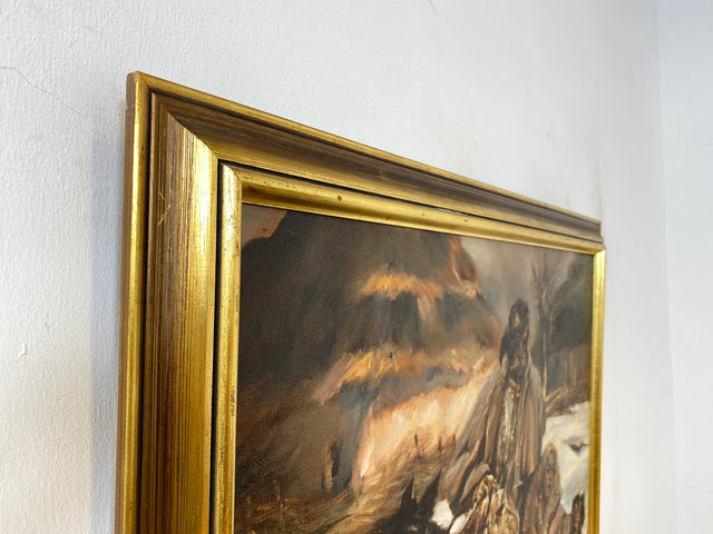 WMK Gut gemalte 83x62 Öl auf Leinwand Replika des berühmten "Verwundeter Kürassier mit einem Mädchen" von Wojciech Adalbert Kossak aus 1970, goldener Holzrahmen # Bild Wandgemälde Wandbild Vintage