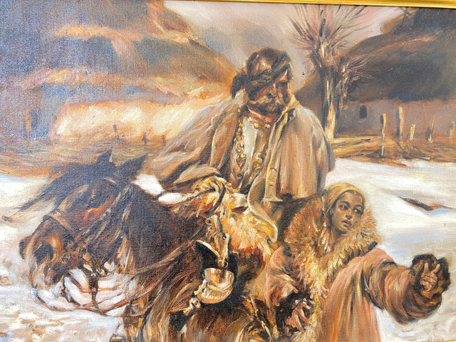 WMK Gut gemalte 83x62 Öl auf Leinwand Replika des berühmten "Verwundeter Kürassier mit einem Mädchen" von Wojciech Adalbert Kossak aus 1970, goldener Holzrahmen # Bild Wandgemälde Wandbild Vintage