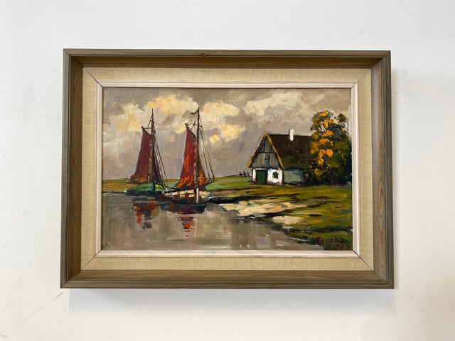 WMK Stimmungsvolles & gut erhaltenes Öl auf Leinwand Gemälde 62x45cm aus 1963 mit originalem Holzrahmen, signiert jedoch nicht zuzuordnen # Bild Wandgemälde Ölgemälde Boote Meer Haus Schweden Vintage