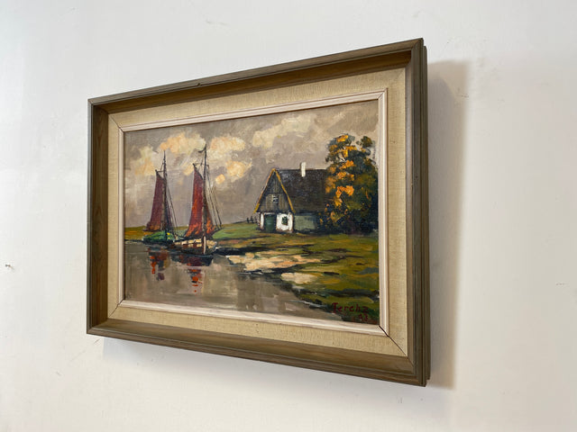 WMK Stimmungsvolles & gut erhaltenes Öl auf Leinwand Gemälde 62x45cm aus 1963 mit originalem Holzrahmen, signiert jedoch nicht zuzuordnen # Bild Wandgemälde Ölgemälde Boote Meer Haus Schweden Vintage