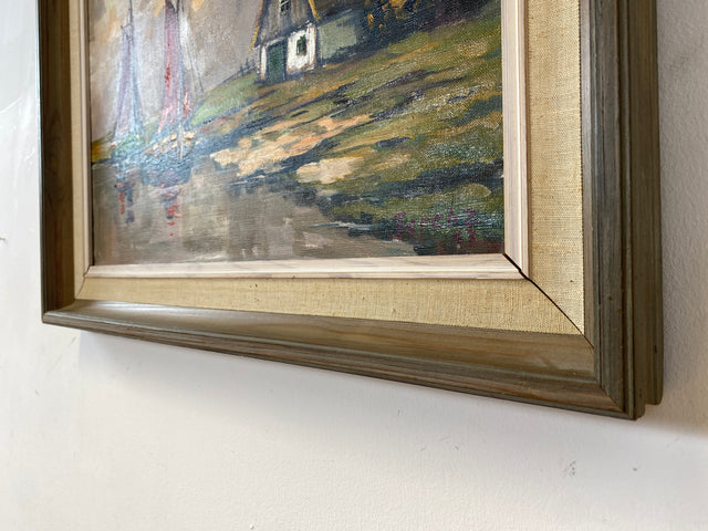 WMK Stimmungsvolles & gut erhaltenes Öl auf Leinwand Gemälde 62x45cm aus 1963 mit originalem Holzrahmen, signiert jedoch nicht zuzuordnen # Bild Wandgemälde Ölgemälde Boote Meer Haus Schweden Vintage